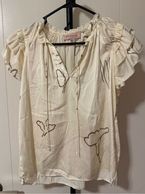 Philosophy Cream Floral Tie-Neck Ruffle Sleeve Blouse